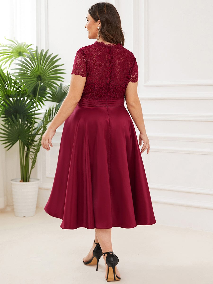 Plus Size V-neck Lace A-line Dress #color_Burgundy