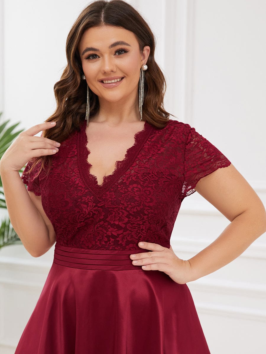 Plus Size V-neck Lace A-line Dress #color_Burgundy