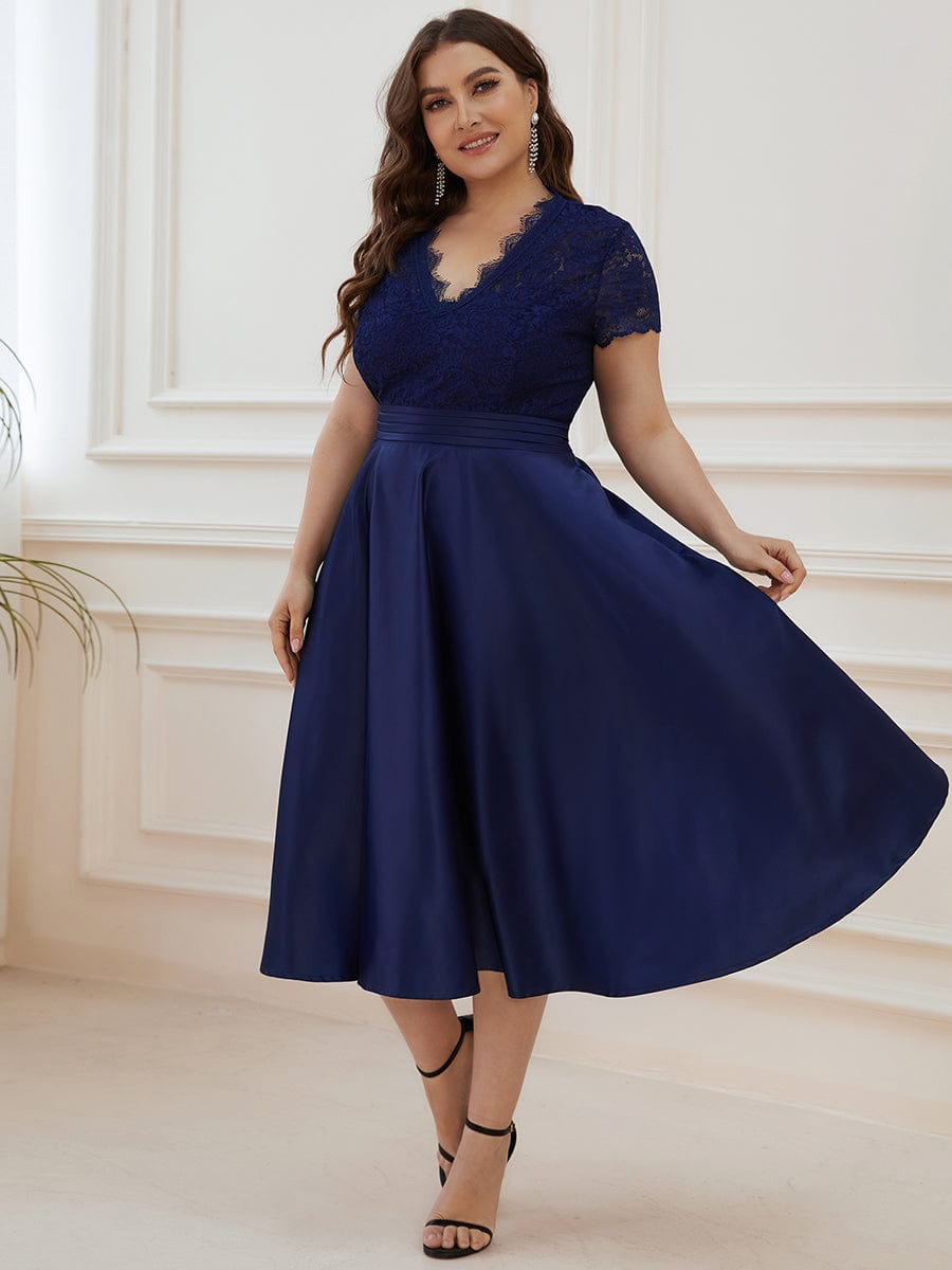 Plus Size V-neck Lace A-line Dress #color_Navy Blue