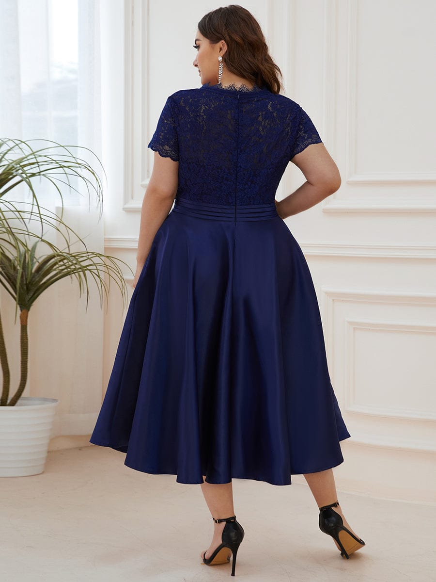 Plus Size V-neck Lace A-line Dress #color_Navy Blue