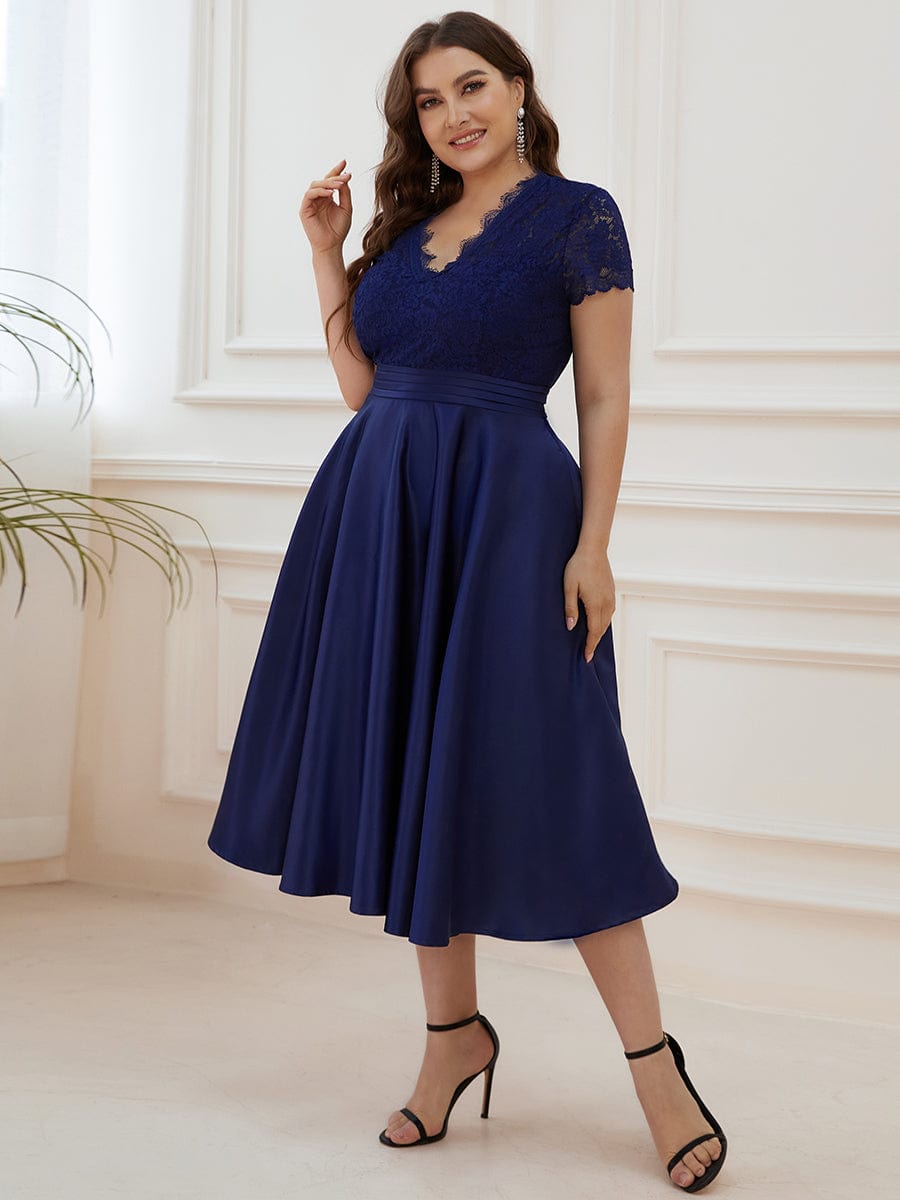 Plus Size V-neck Lace A-line Dress #color_Navy Blue