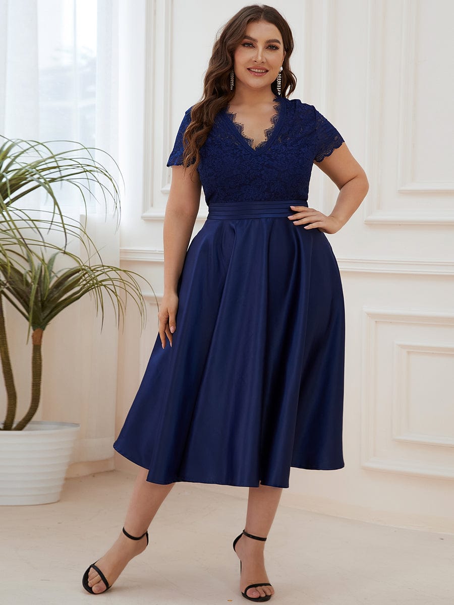 Plus Size V-neck Lace A-line Dress #color_Navy Blue