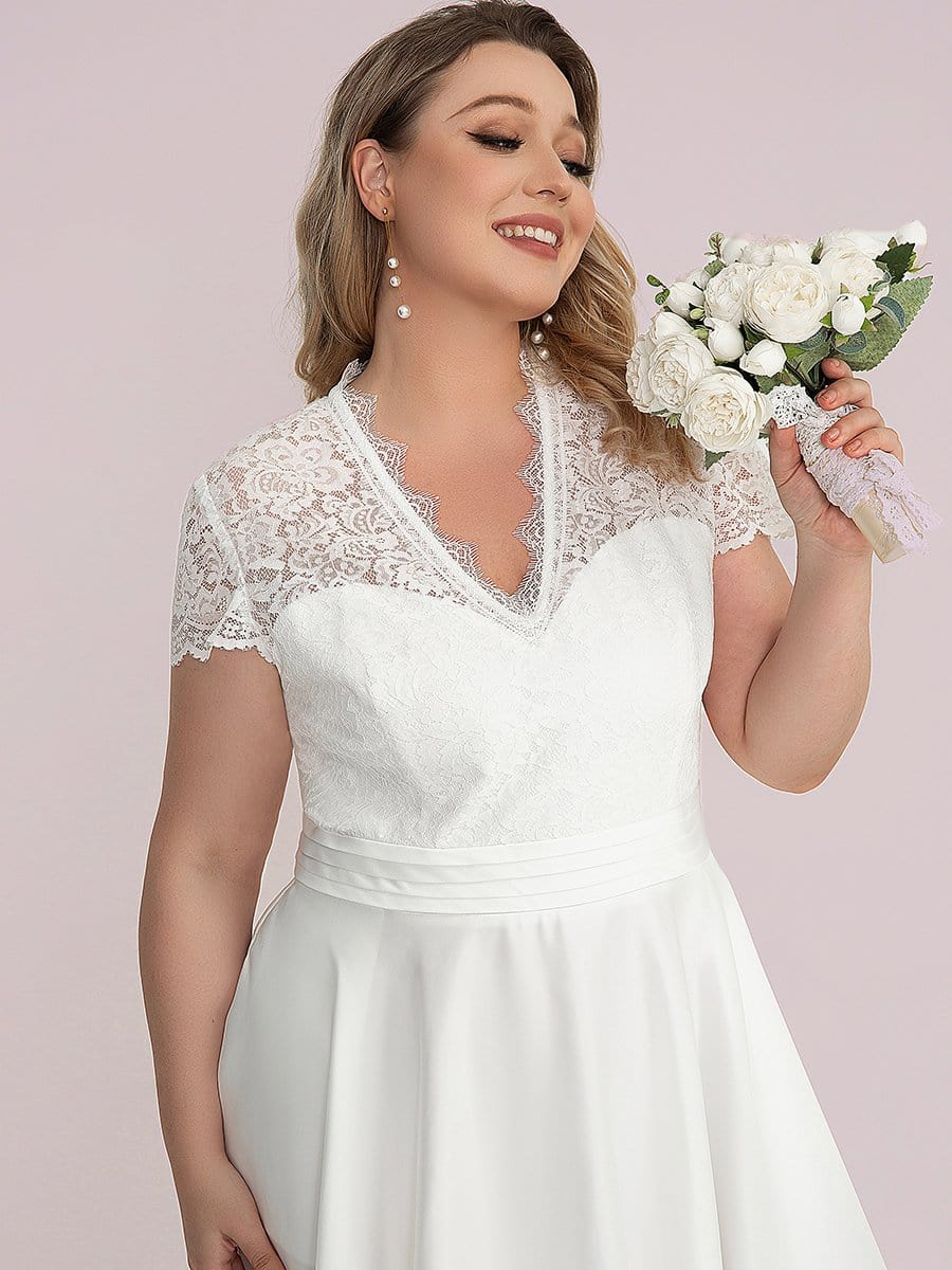 Plus Size V-neck Lace A-line Dress #color_White