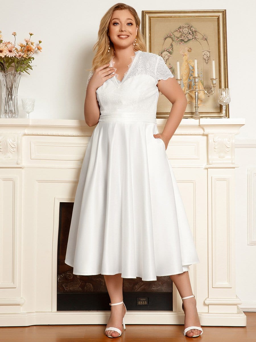 Plus Size V-neck Lace A-line Dress #color_White