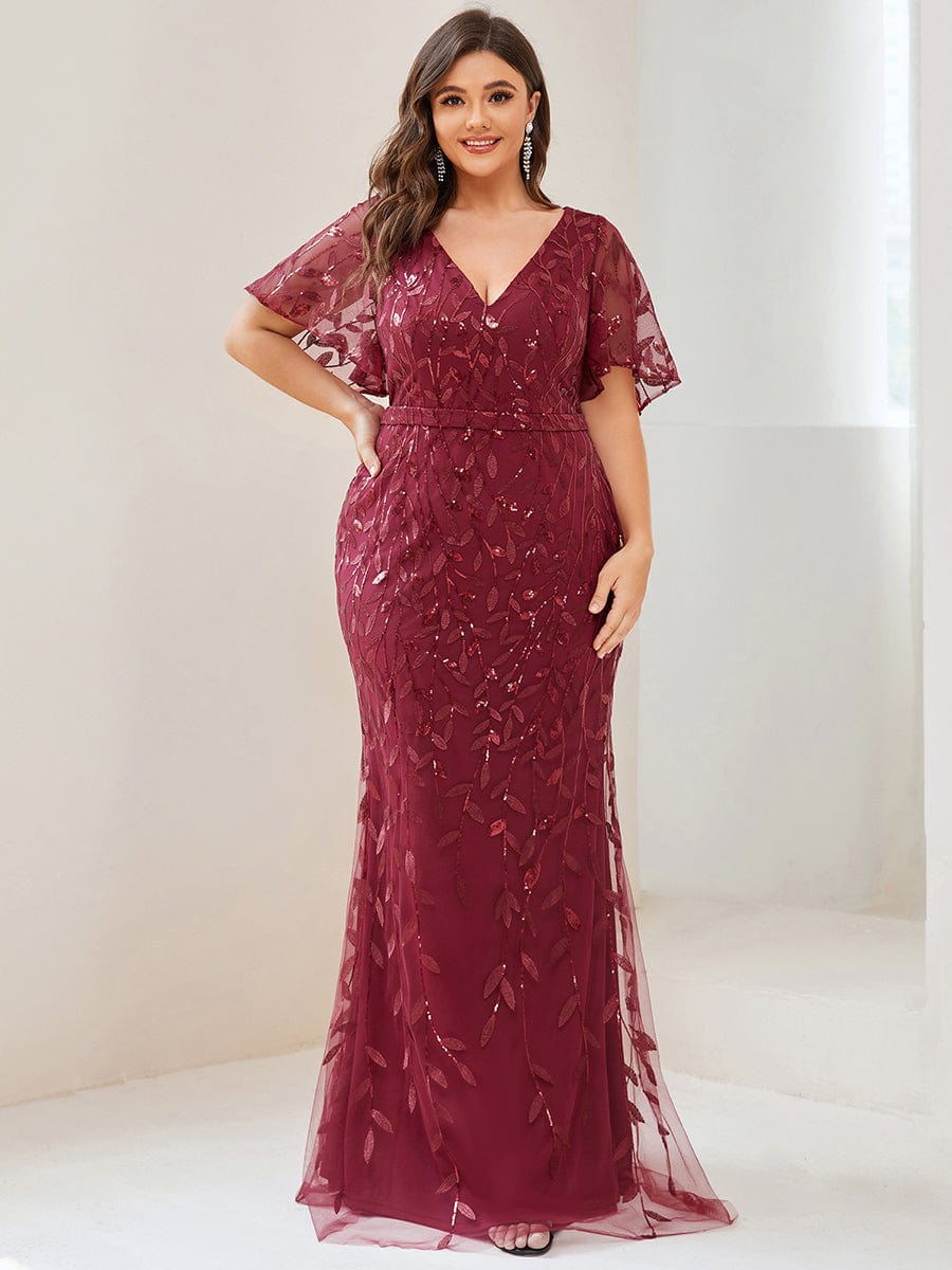 Plus Size Long Mermaid Dress #color_Burgundy