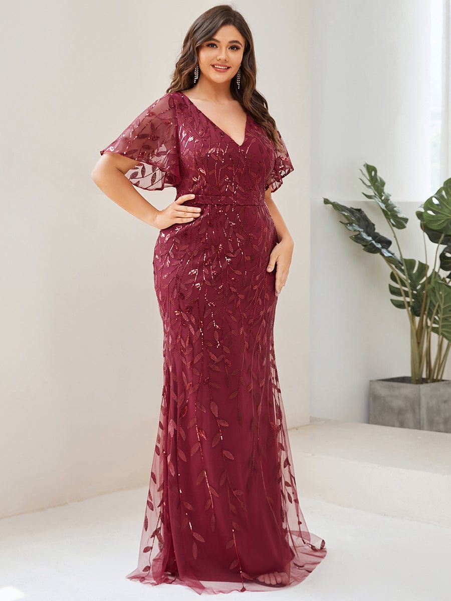 Plus Size Long Mermaid Dress #color_Burgundy