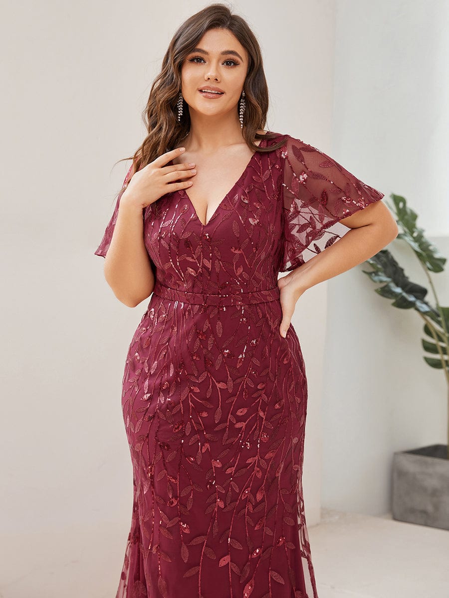 Plus Size Long Mermaid Dress #color_Burgundy