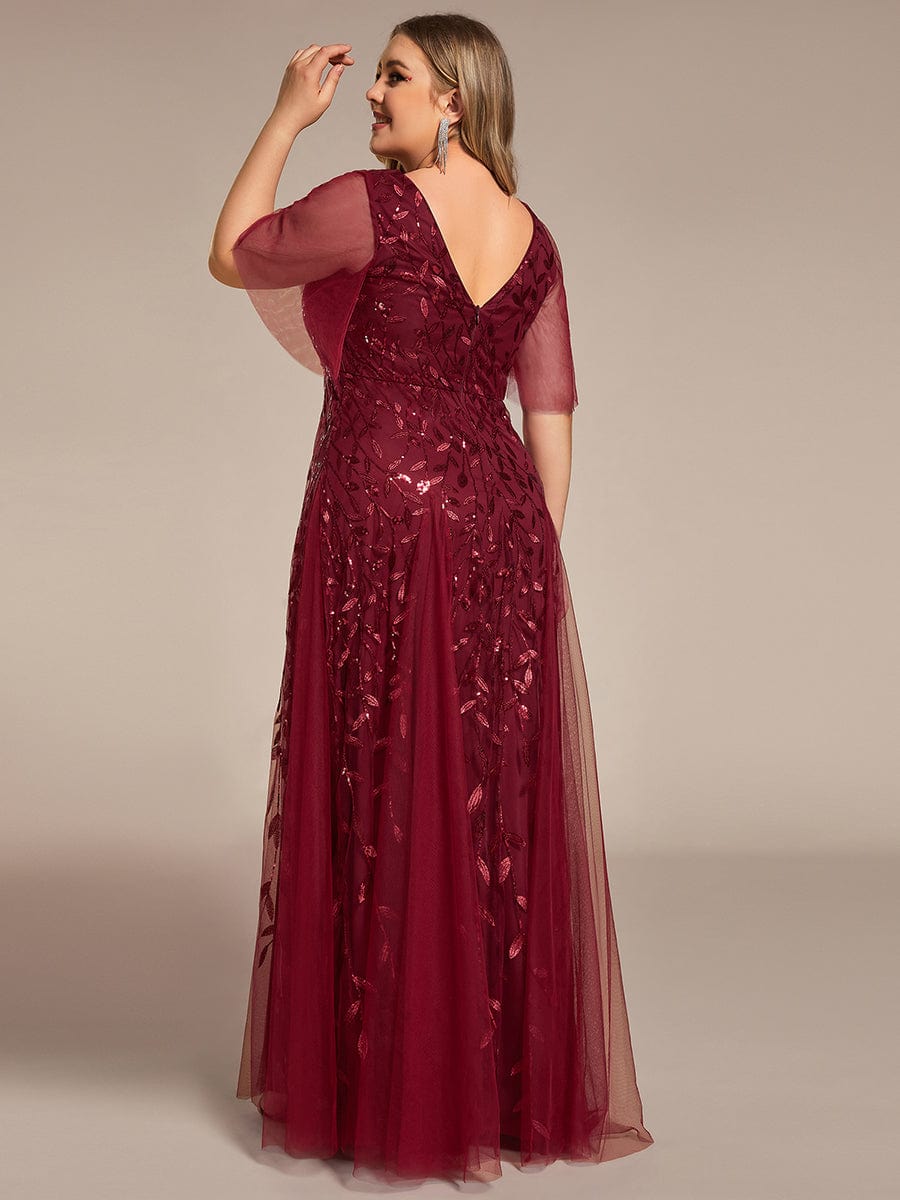 Plus Size Leaf Sequin Tulle A-Line Maxi Dress with Short Sleeves #color_Burgundy