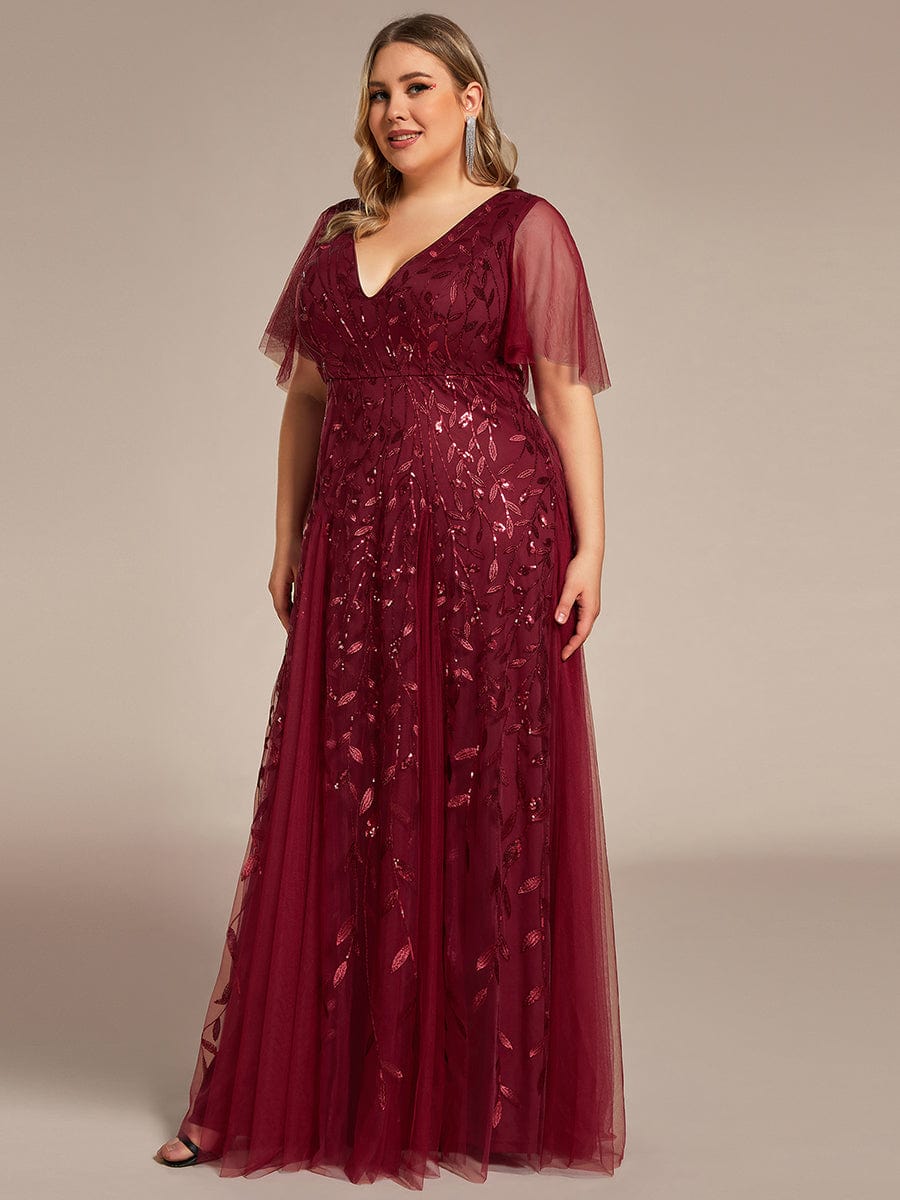 Plus Size Leaf Sequin Tulle A-Line Maxi Dress with Short Sleeves #color_Burgundy