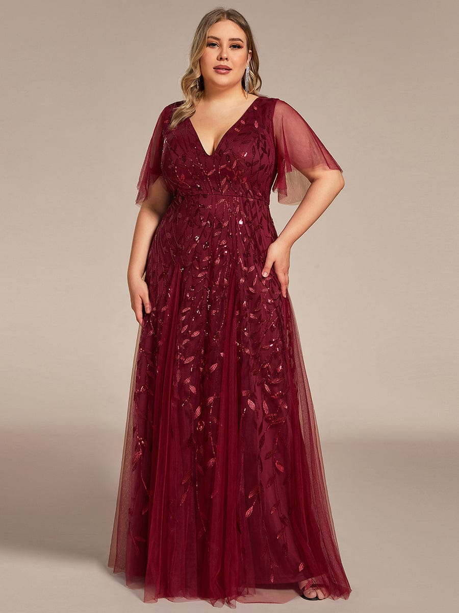 Plus Size Leaf Sequin Tulle A-Line Maxi Dress with Short Sleeves #color_Burgundy