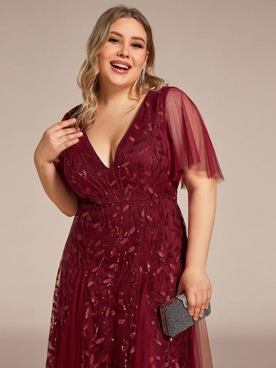 Plus Size Leaf Sequin Tulle A-Line Maxi Dress with Short Sleeves #color_Burgundy