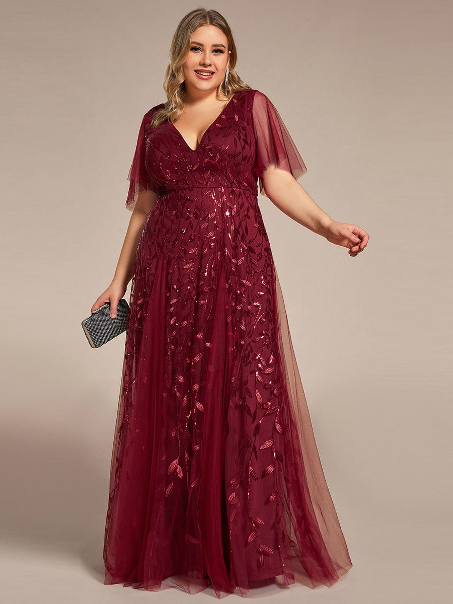 Plus Size Leaf Sequin Tulle A-Line Maxi Dress with Short Sleeves #color_Burgundy