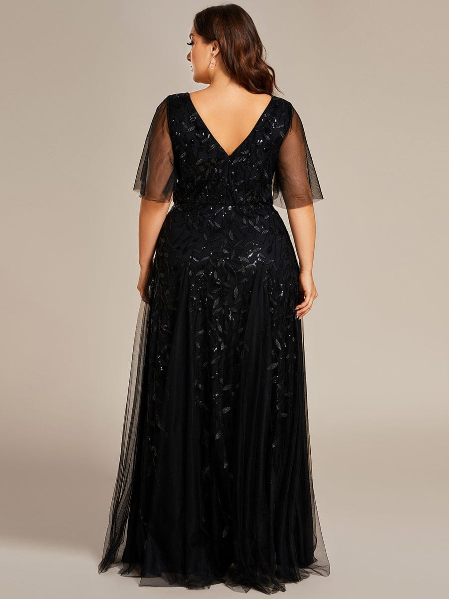 Plus Size Leaf Sequin Tulle A-Line Maxi Dress with Short Sleeves #color_Black