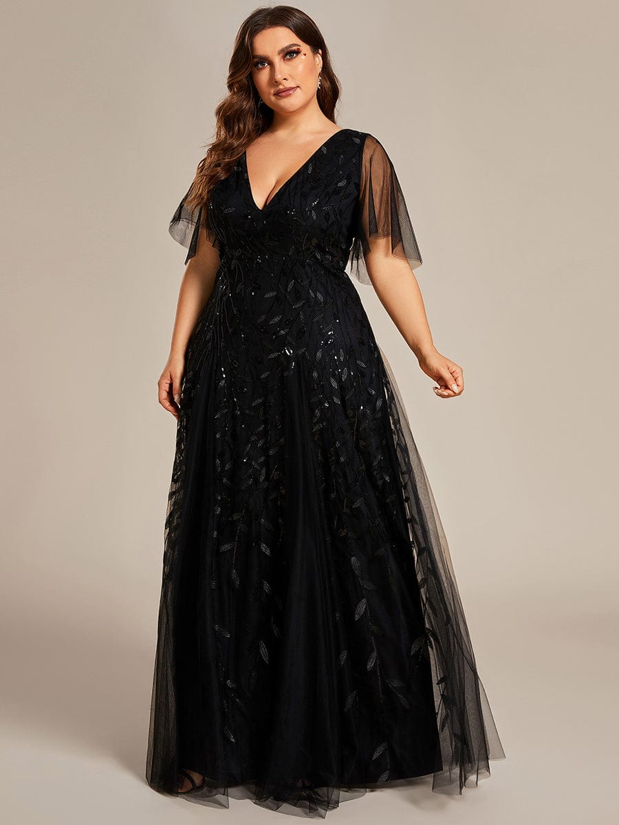 Plus Size Leaf Sequin Tulle A-Line Maxi Dress with Short Sleeves #color_Black