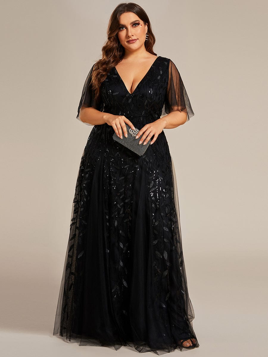 Plus Size Leaf Sequin Tulle A-Line Maxi Dress with Short Sleeves #color_Black