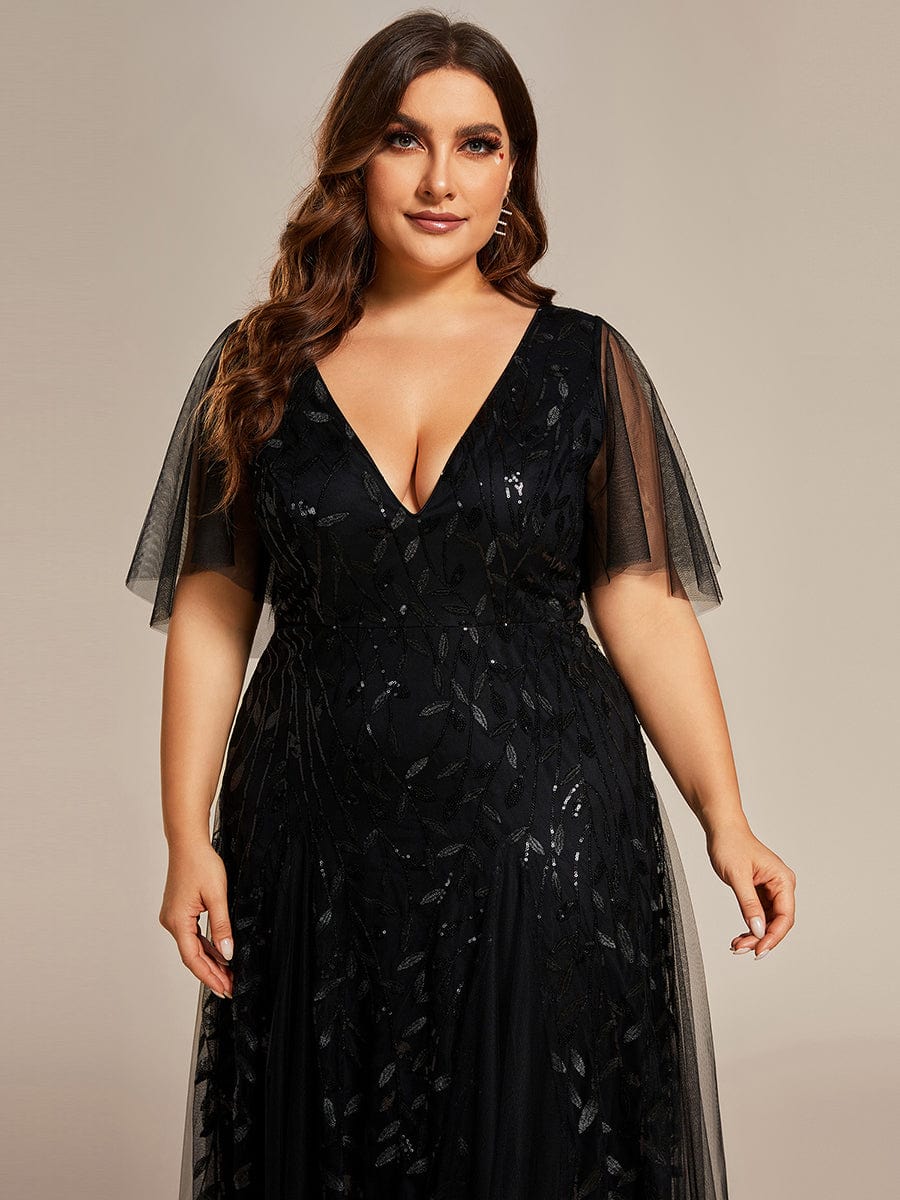 Plus Size Leaf Sequin Tulle A-Line Maxi Dress with Short Sleeves #color_Black