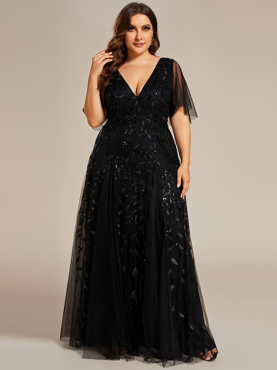 Plus Size Leaf Sequin Tulle A-Line Maxi Dress with Short Sleeves #color_Black