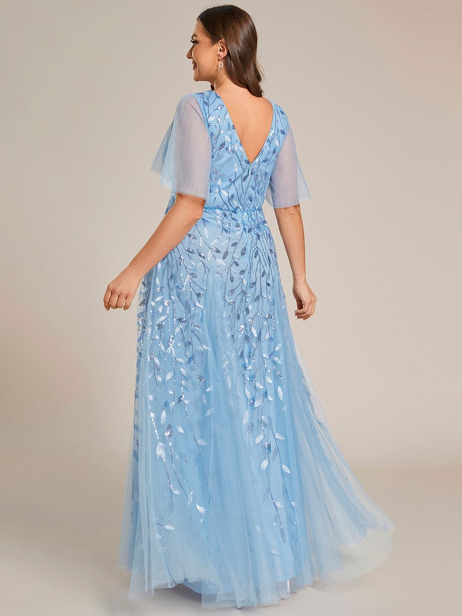 Plus Size Leaf Sequin Tulle A-Line Maxi Dress with Short Sleeves #color_Sky Blue