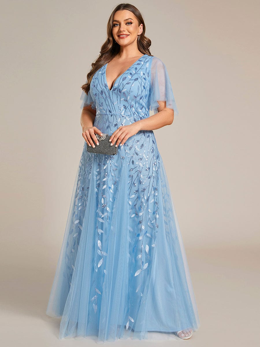 Plus Size Leaf Sequin Tulle A-Line Maxi Dress with Short Sleeves #color_Sky Blue