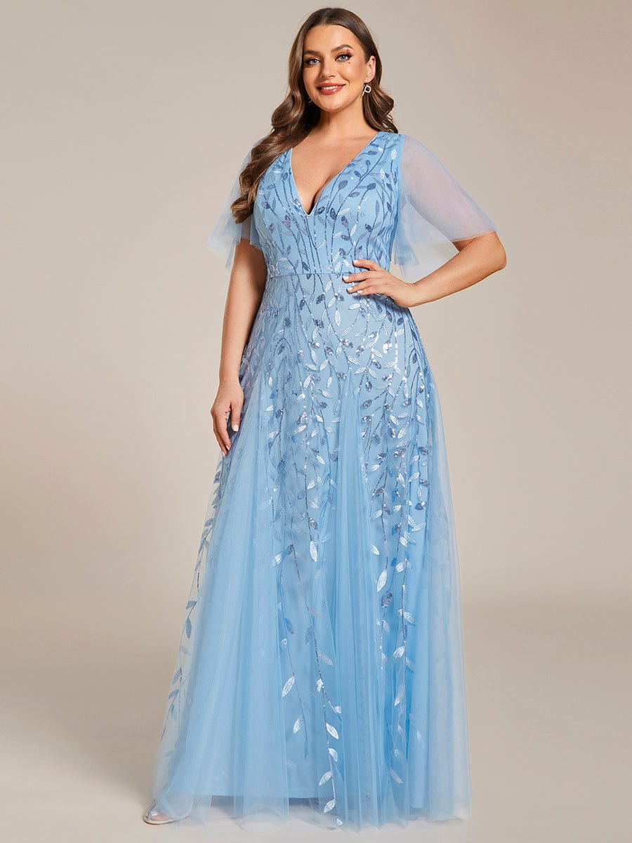 Plus Size Leaf Sequin Tulle A-Line Maxi Dress with Short Sleeves #color_Sky Blue