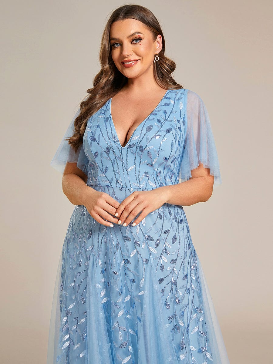 Plus Size Leaf Sequin Tulle A-Line Maxi Dress with Short Sleeves #color_Sky Blue