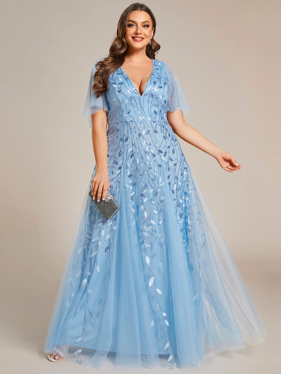 Plus Size Leaf Sequin Tulle A-Line Maxi Dress with Short Sleeves #color_Sky Blue