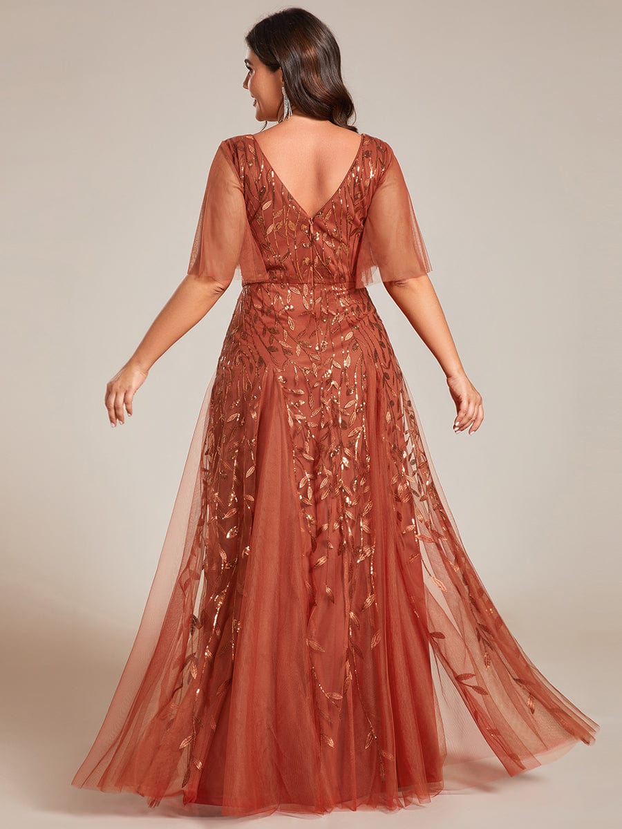 Plus Size Leaf Sequin Tulle A-Line Maxi Dress with Short Sleeves #color_Burnt Orange