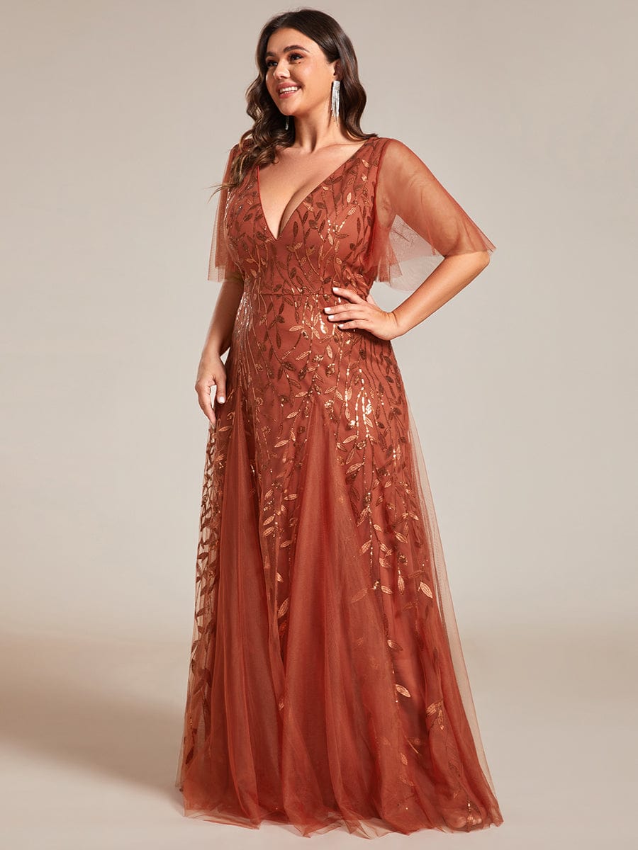 Plus Size Leaf Sequin Tulle A-Line Maxi Dress with Short Sleeves #color_Burnt Orange