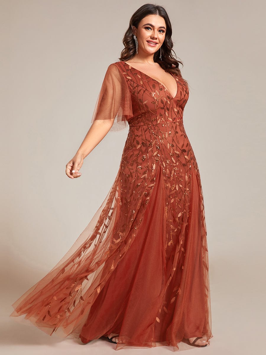 Plus Size Leaf Sequin Tulle A-Line Maxi Dress with Short Sleeves #color_Burnt Orange