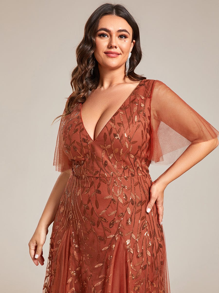 Plus Size Leaf Sequin Tulle A-Line Maxi Dress with Short Sleeves #color_Burnt Orange