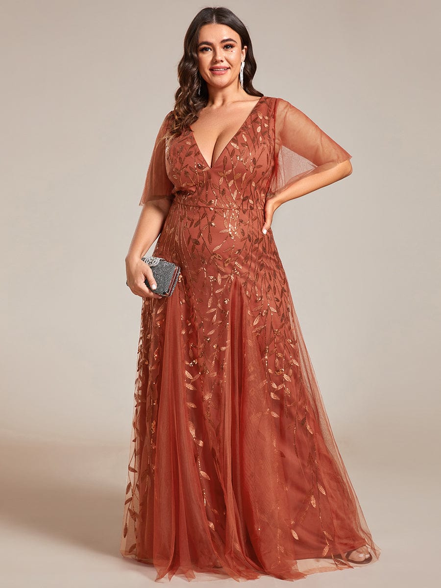 Plus Size Leaf Sequin Tulle A-Line Maxi Dress with Short Sleeves #color_Burnt Orange