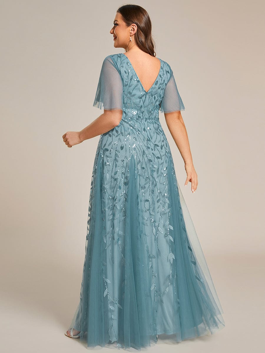 Plus Size Leaf Sequin Tulle A-Line Maxi Dress with Short Sleeves #color_Light Teal