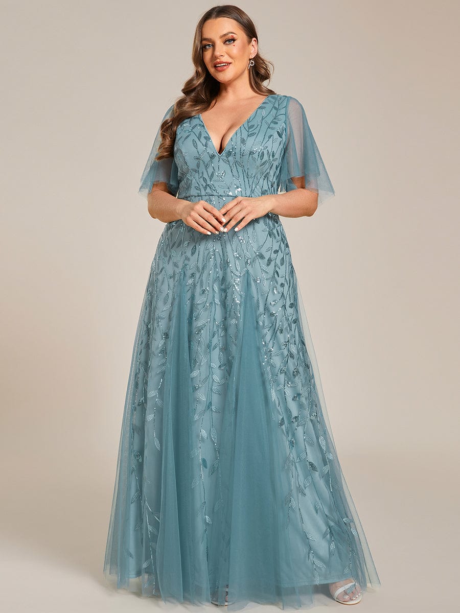 Plus Size Leaf Sequin Tulle A-Line Maxi Dress with Short Sleeves #color_Light Teal