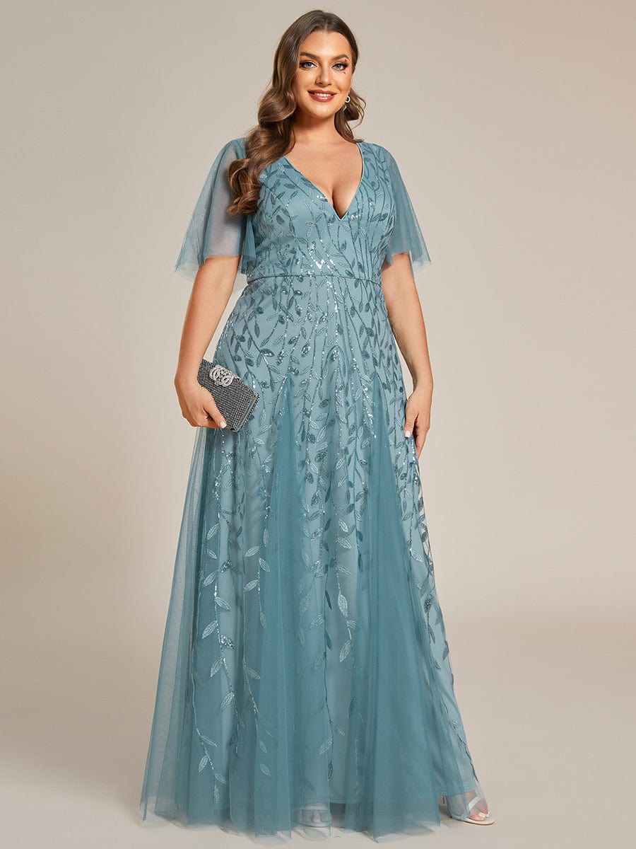 Plus Size Leaf Sequin Tulle A-Line Maxi Dress with Short Sleeves #color_Light Teal