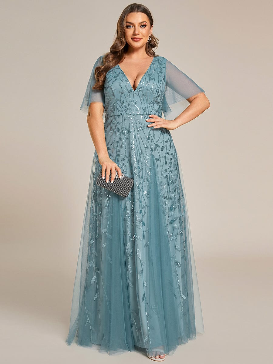 Plus Size Leaf Sequin Tulle A-Line Maxi Dress with Short Sleeves #color_Light Teal