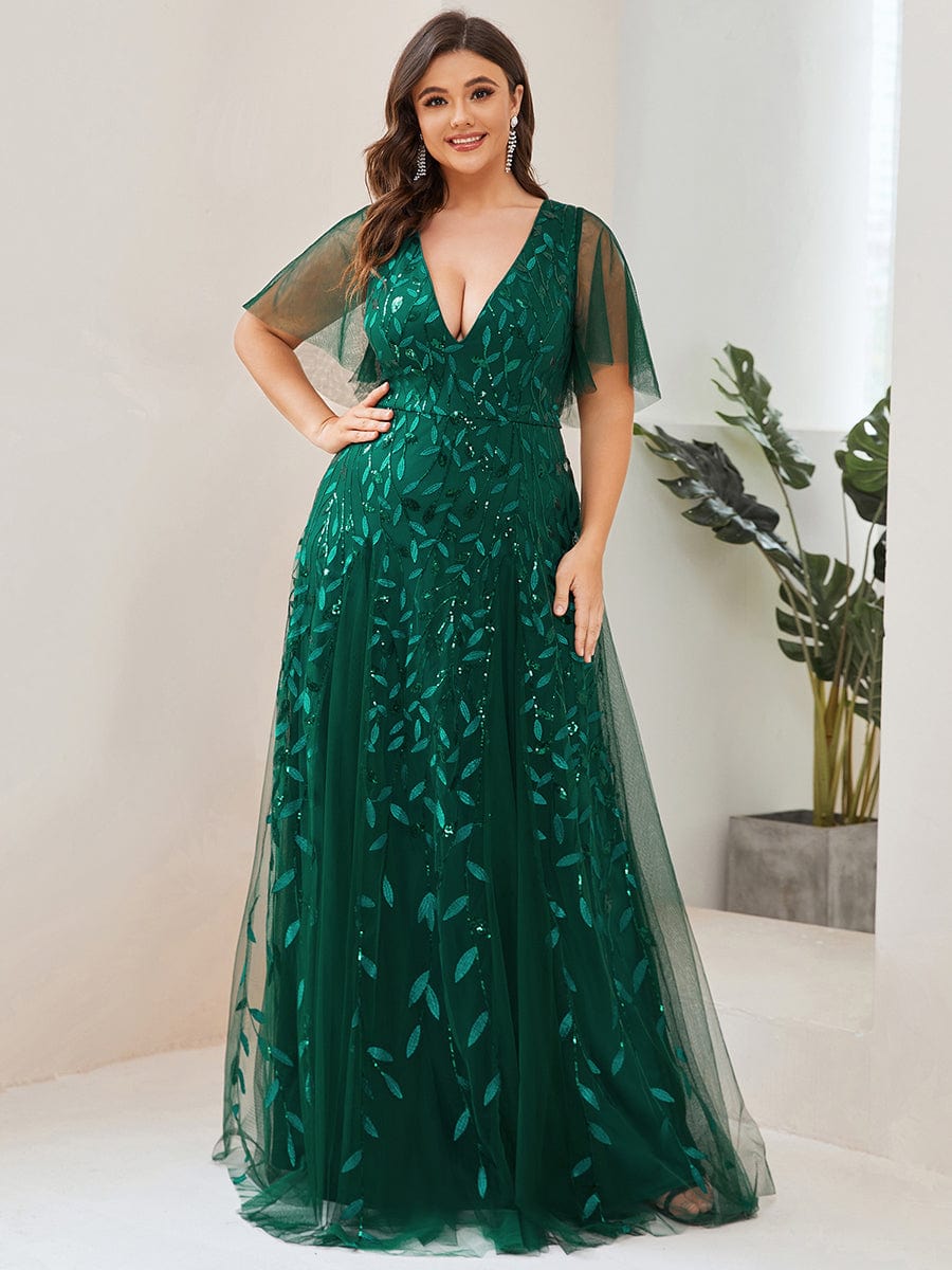 Plus Size Leaf Sequin Tulle A-Line Maxi Dress with Short Sleeves #color_Dark Green