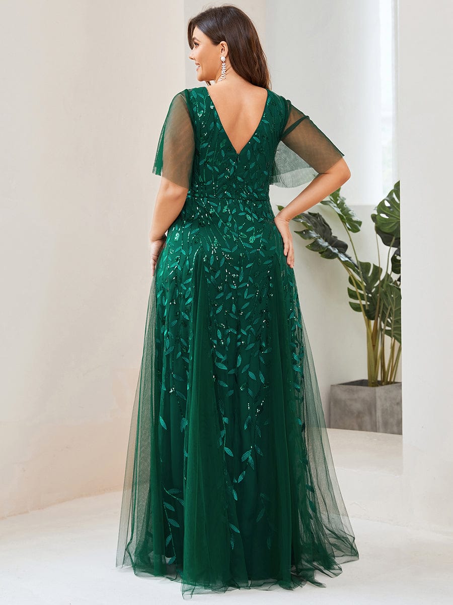 Plus Size Leaf Sequin Tulle A-Line Maxi Dress with Short Sleeves #color_Dark Green