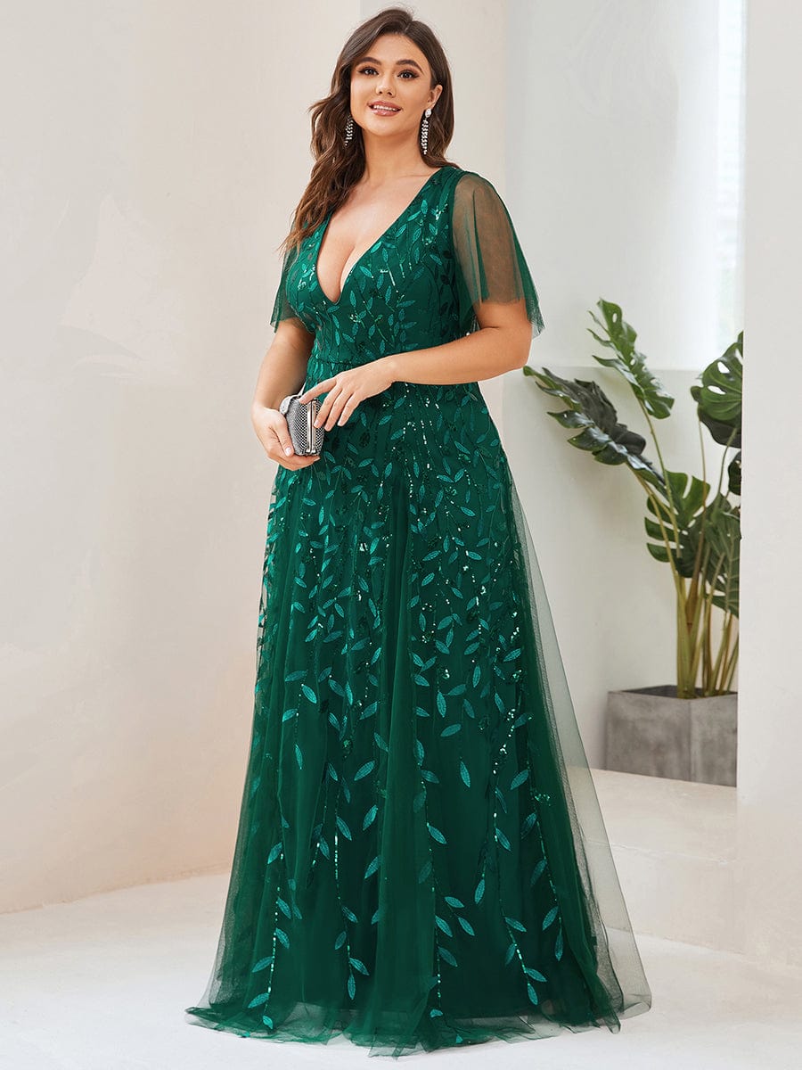 Plus Size Leaf Sequin Tulle A-Line Maxi Dress with Short Sleeves #color_Dark Green