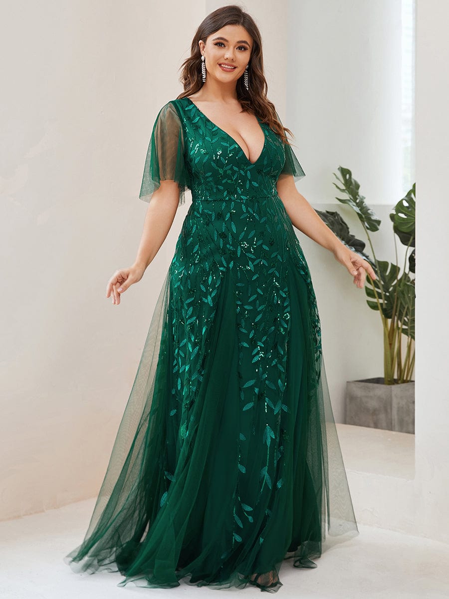 Plus Size Leaf Sequin Tulle A-Line Maxi Dress with Short Sleeves #color_Dark Green