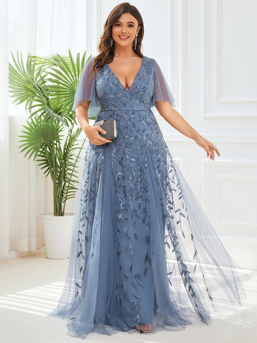 Plus Size Leaf Sequin Tulle A-Line Maxi Dress with Short Sleeves #color_Dusty Blue