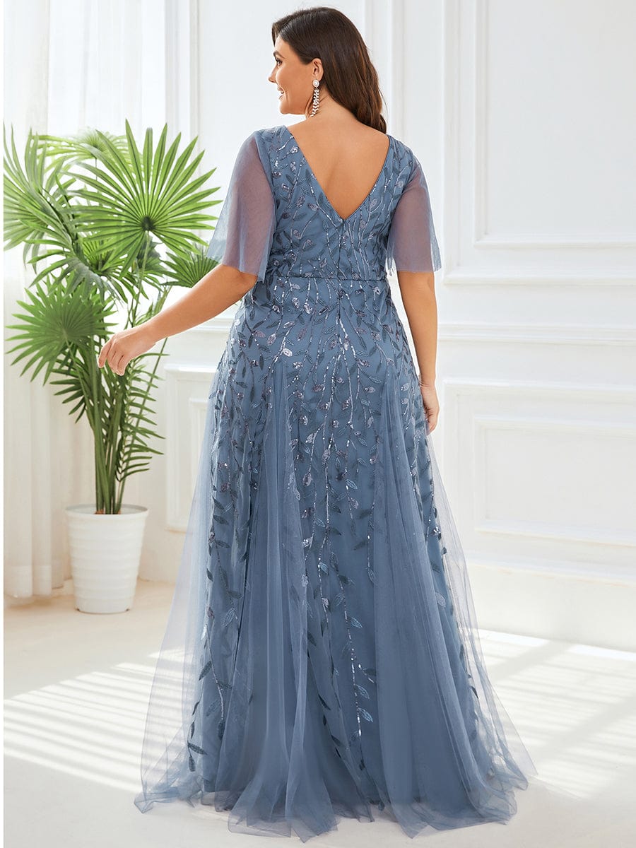 Plus Size Leaf Sequin Tulle A-Line Maxi Dress with Short Sleeves #color_Dusty Blue