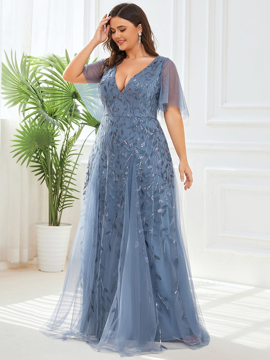 Plus Size Leaf Sequin Tulle A-Line Maxi Dress with Short Sleeves #color_Dusty Blue