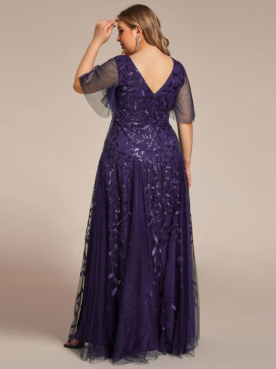 Plus Size Leaf Sequin Tulle A-Line Maxi Dress with Short Sleeves #color_Dark Purple