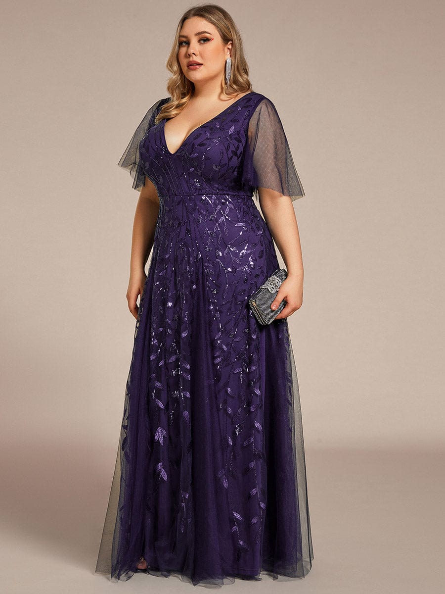 Plus Size Leaf Sequin Tulle A-Line Maxi Dress with Short Sleeves #color_Dark Purple