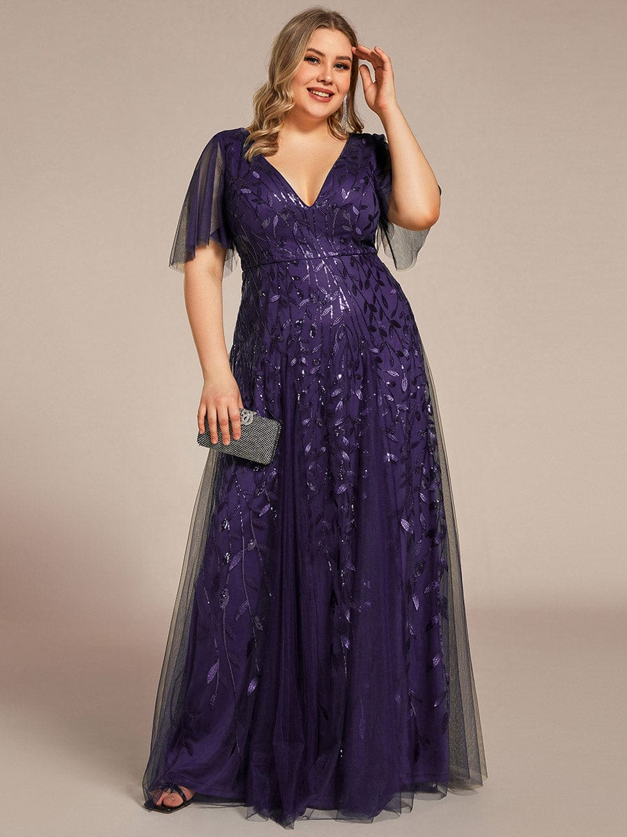 Plus Size Leaf Sequin Tulle A-Line Maxi Dress with Short Sleeves #color_Dark Purple