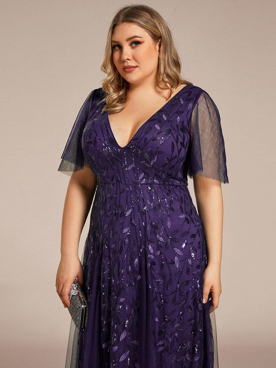 Plus Size Leaf Sequin Tulle A-Line Maxi Dress with Short Sleeves #color_Dark Purple