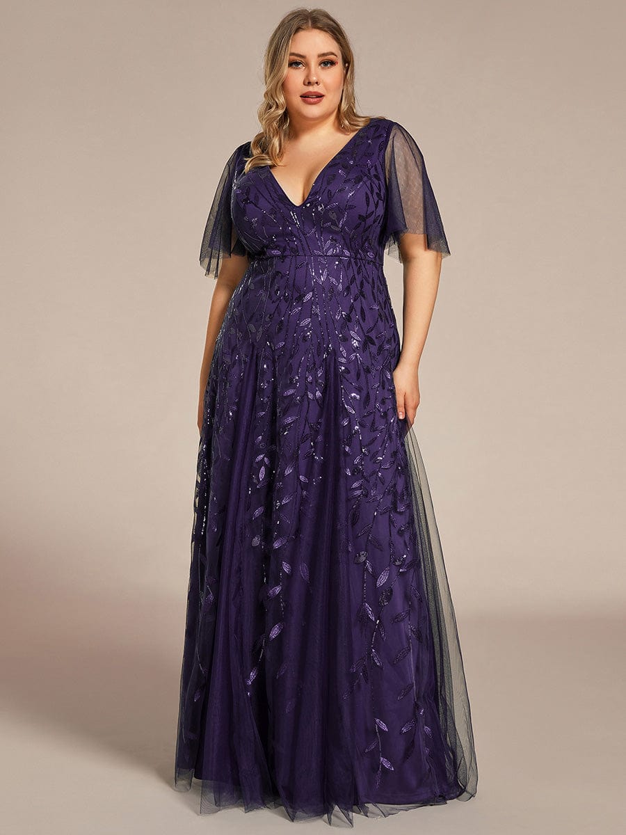 Plus Size Leaf Sequin Tulle A-Line Maxi Dress with Short Sleeves #color_Dark Purple