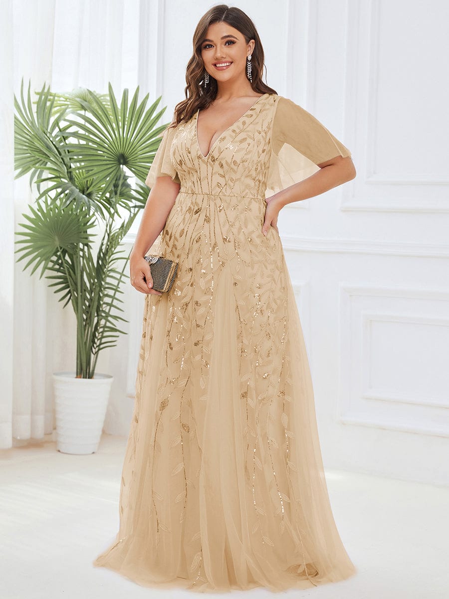 Plus Size Leaf Sequin Tulle A-Line Maxi Dress with Short Sleeves #color_Gold