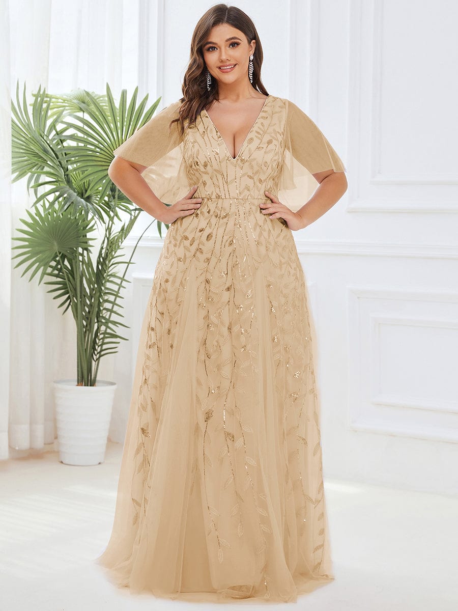 Plus Size Leaf Sequin Tulle A-Line Maxi Dress with Short Sleeves #color_Gold