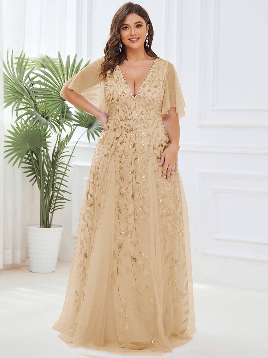 Plus Size Leaf Sequin Tulle A-Line Maxi Dress with Short Sleeves #color_Gold